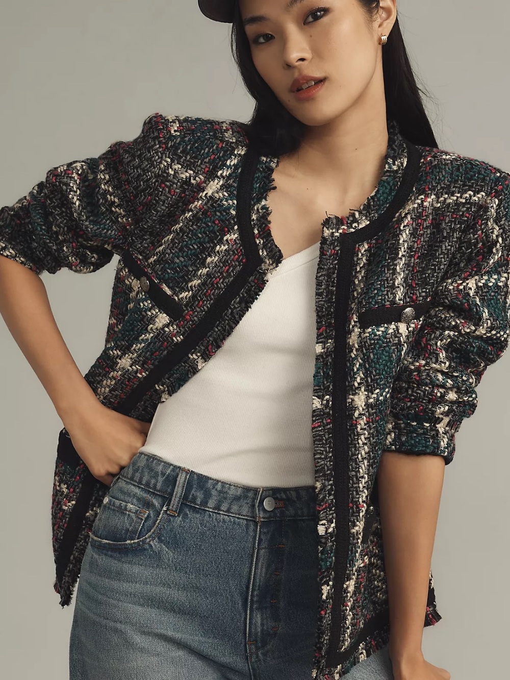Anthropologie Multicolor Tweed Cropped Blazer